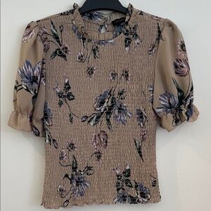 Floral Smocked Tan Blouse with ruffles XS